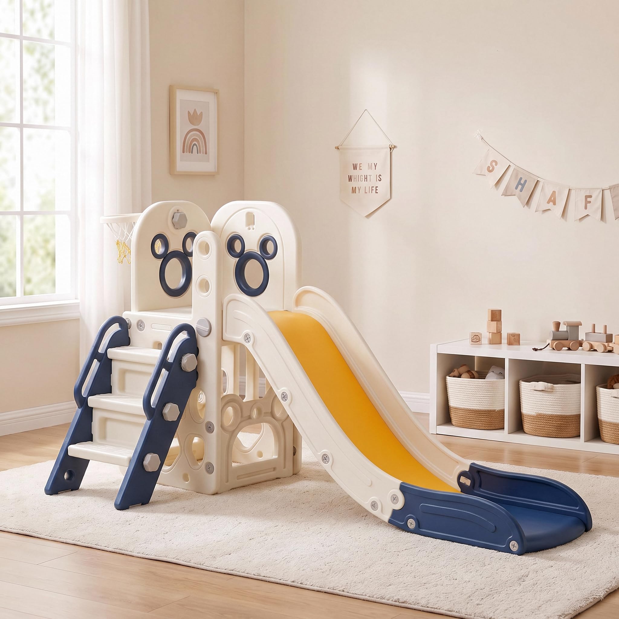 Basketball Hoop Kids Indoor - 6 in 1 Toddler Slide Playset,